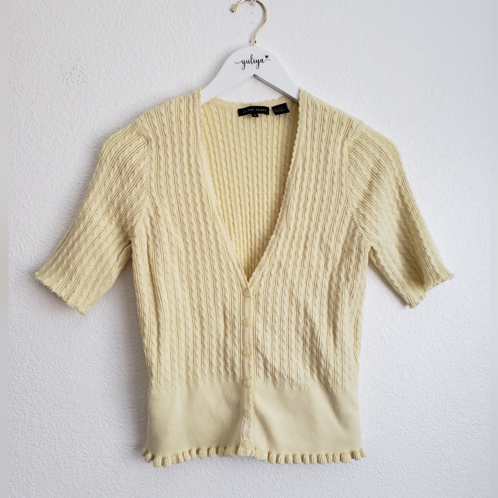 Jeanne Pierre Yellow Lettuce Hem Tweed Y2K 90's Baby Tee Cable Knit Medium
